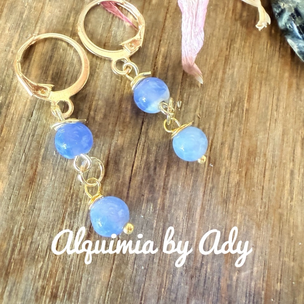 Gold Hoop Earrings with Blue aquamarine Beads